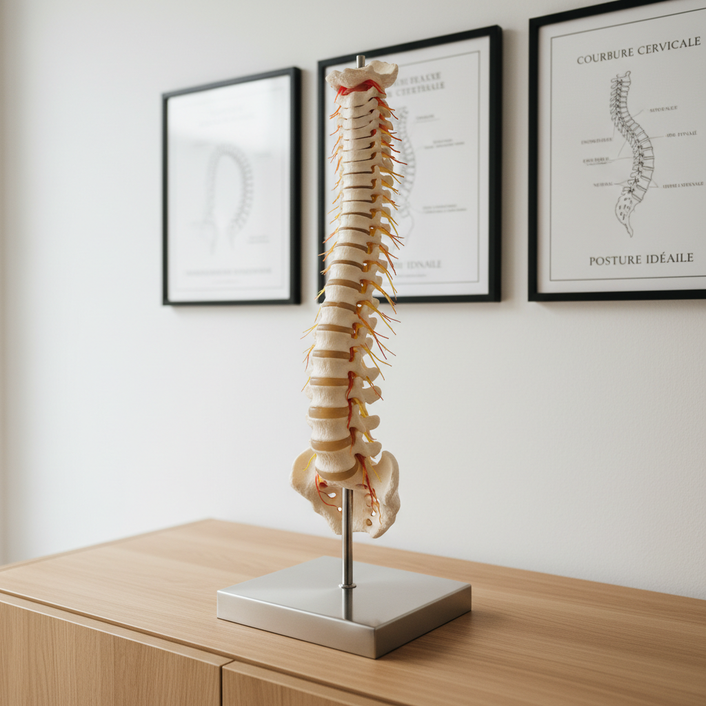 A detailed anatomical model of the human spine, crafted in ivory-toned resin with clearly differentiated vertebrae, intervertebral discs, and delicately colored nerves, standing upright on a brushed metal base atop a light beechwood cabinet. Behind it, a matte white wall holds framed, minimalist chiropractic charts labeled in French. Soft overcast light from an unseen window to the left creates subtle highlights along the curves of the spine and gentle shadows beneath each vertebra. Captured from a slightly elevated, three-quarter angle with shallow depth of field, the spine is in sharp focus while the charts and cabinet blur gracefully. The photographic style is clinical yet warm, conveying precision, educational clarity, and trustworthiness for a professional chiropractic practice.