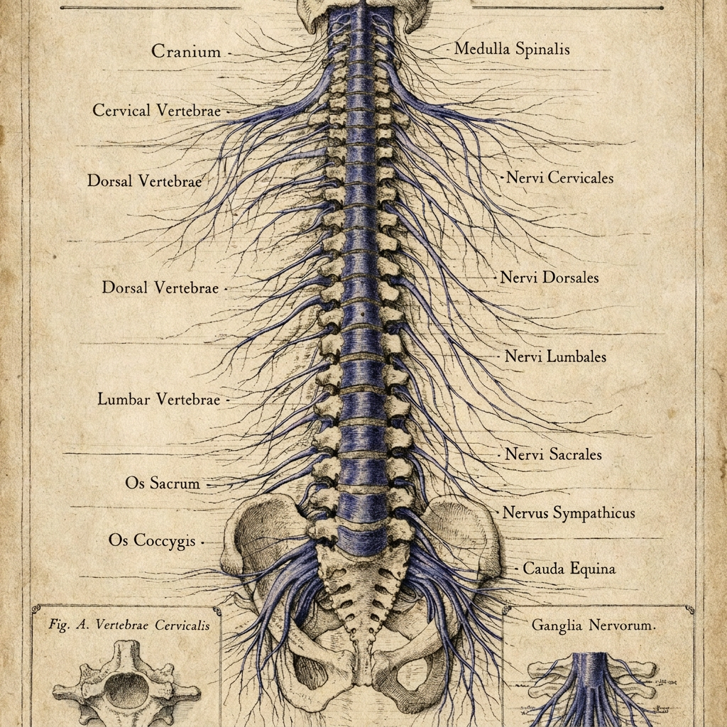 Spinal cord with nerves and labeled vertebrae sections
